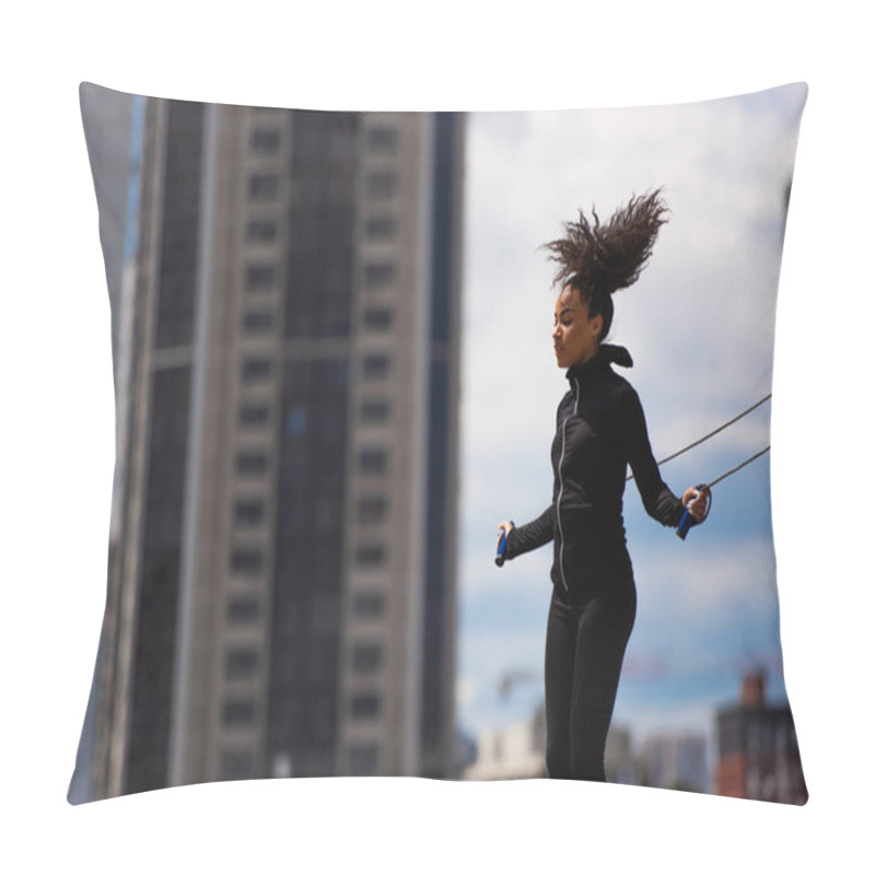 Personality  Pretty African American Woman Exercising With Jump Rope Outdoors  Pillow Covers