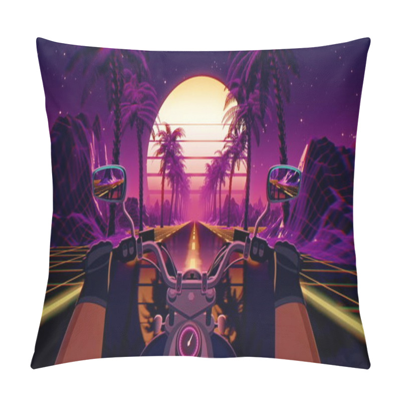 Personality  80s Retro Futuristic Sci-fi Background With Motorcycle Pov. Riding In Retrowave VJ Videogame Landscape, Neon Lights And Low Poly Grid. Stylized Biker Vintage Vaporwave 3D Animation Background. 4K Pillow Covers