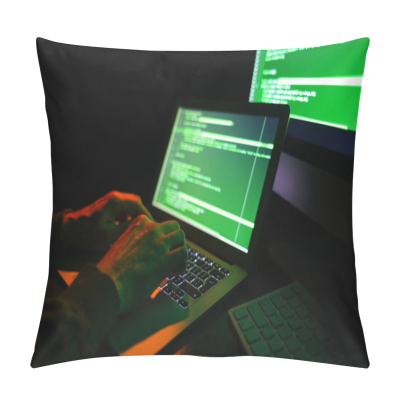 Personality  Hacker Using Computer In Dark Room Pillow Covers