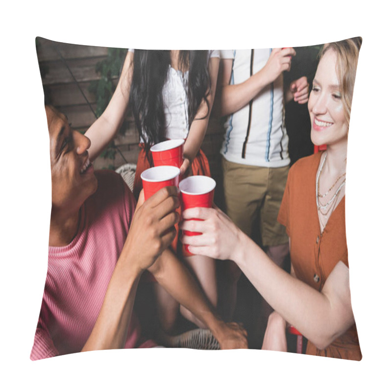 Personality  African American Man Toasting Plastic Cup With Smiling Friend During Party  Pillow Covers