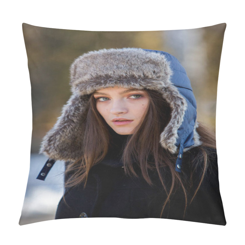 Personality  Winter. Girl In Cold Weather. Beautiful Girl In The Winter Outdoors. Woman In Winter Cap. Pillow Covers