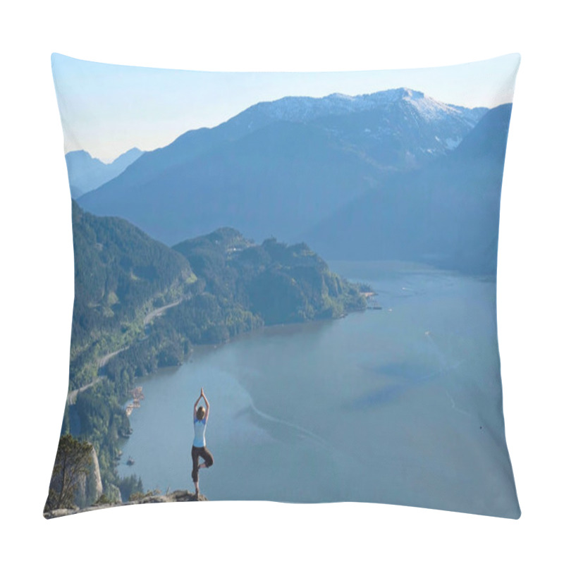 Personality  Mindfulness And Inner Peace. Outdoor Yoga Retreat. Woman In Yoga Pose On Rock Above Sea. Whistler. British Columbia. Canada. Pillow Covers