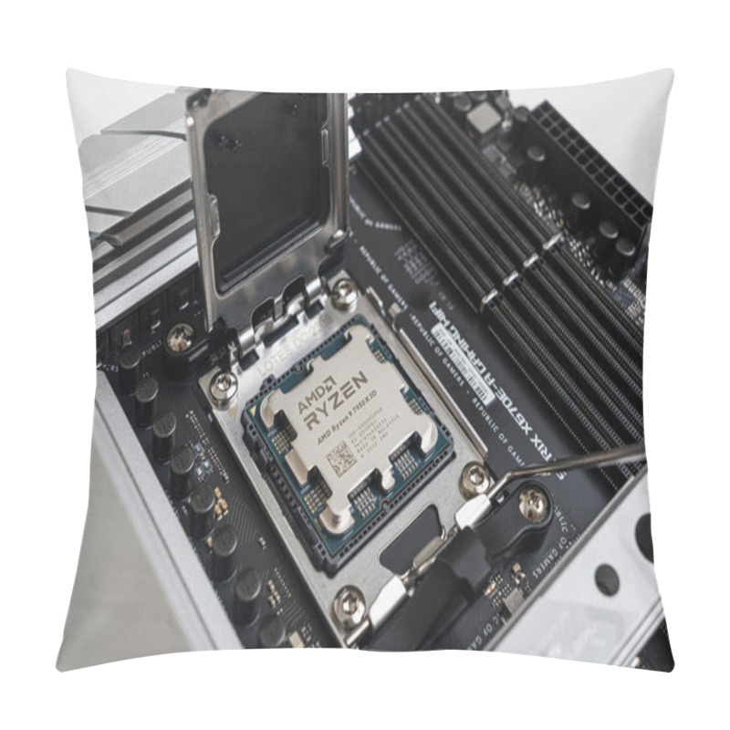 Personality  Uzhgorod, Ukraine - August 28, 2023: AMD Ryzen 9 7950X3D Processor Before Being Installed On The Motherboard. Pillow Covers