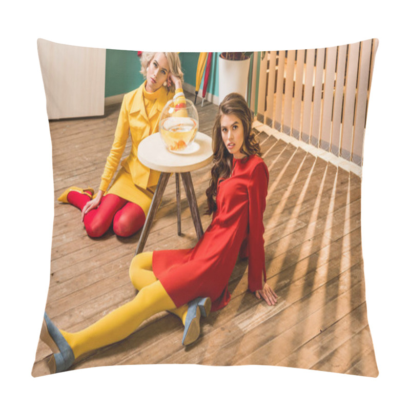 Personality  Young Retro Styled Women Sitting On Floor Near Golden Fish In Aquarium On Coffee Table, Doll House Concept Pillow Covers