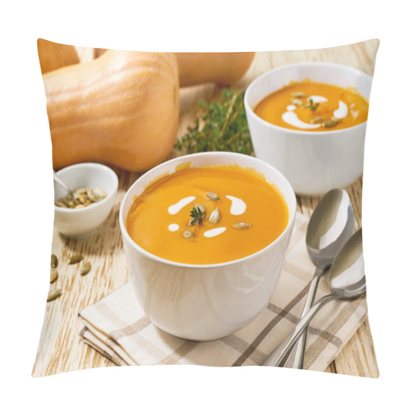 Personality  Delicious Pumpkin Soup In Bowl With Cream Sauce On A White Wooden Table, Selective Focus. Pillow Covers