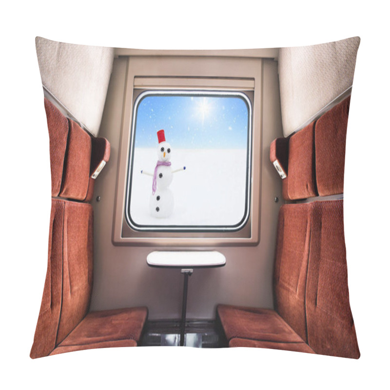 Personality  View From The Train Window. Winter Landscape At Sunny Day. Christmas Train Travel. Picturesque Background. New Year Trip. Family Journey. Pillow Covers