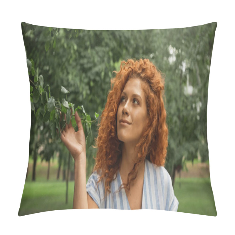 Personality  Pleased Redhead Woman Touching Green Leaves On Tree Pillow Covers