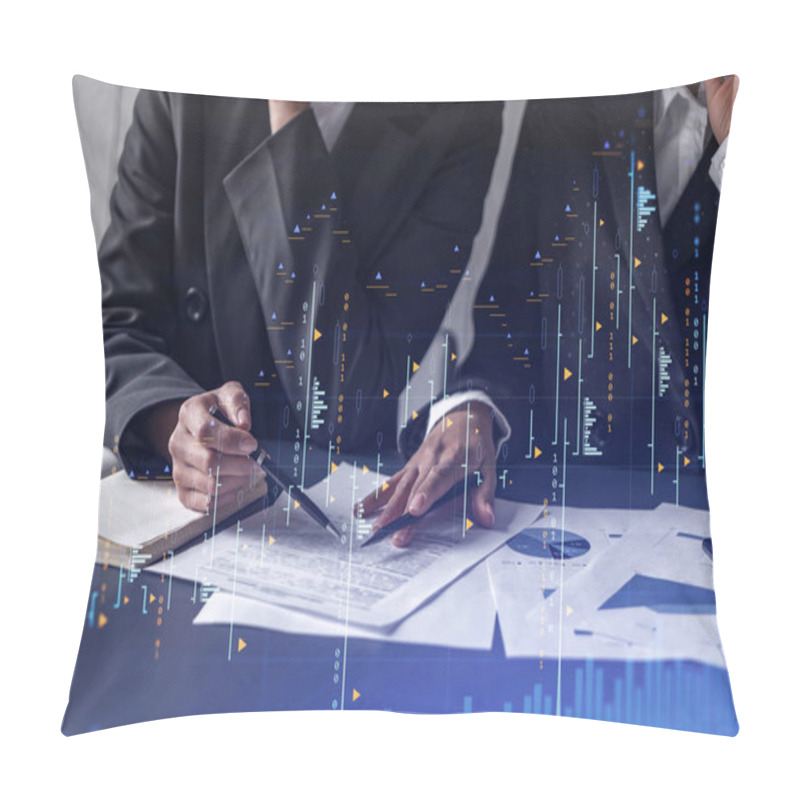 Personality  Two Traders Researching Historic Data To Predict Stock Market Behavior. Women In Trading Business Concept. Forex And Financial Hologram Chart Over The Table With The Document. Pillow Covers