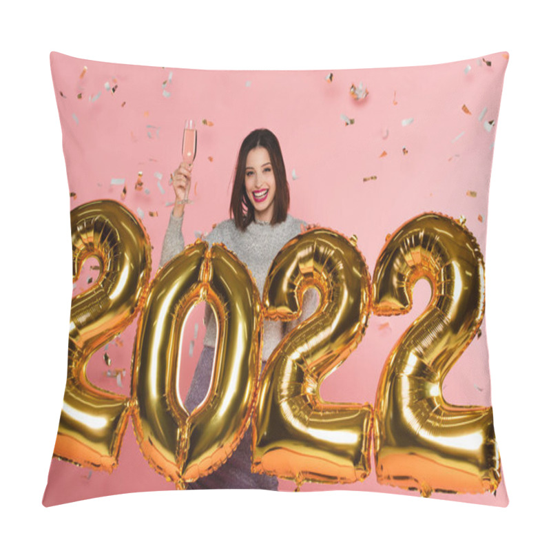 Personality  Cheerful Woman Holding Champagne Near Balloons In Shape Of 2022 And Confetti On Pink Background Pillow Covers