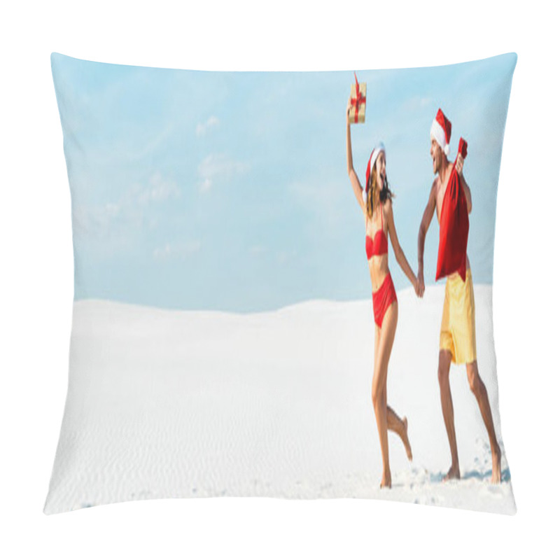 Personality  Panoramic Shot Of Sexy And Smiling Girlfriend Holding Gift And Boyfriend With Santa Sack On Beach In Maldives  Pillow Covers