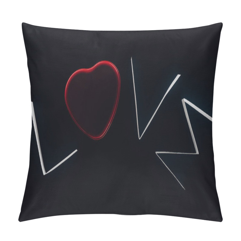 Personality  Word LOVE Made Of Paper Stripes And Red Heart Isolated On Black, St Valentines Day Concept Pillow Covers