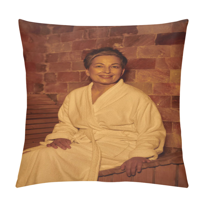 Personality  Joyful Middle Aged Woman In White Robe Sitting On Bench In Sauna, Spa Wellness Concept, Retreat Pillow Covers