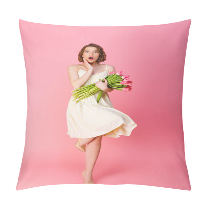 Personality  Young Shocked Woman With Bouquet Of Pink Tulips Looking At Camera Isolated On Pink Pillow Covers