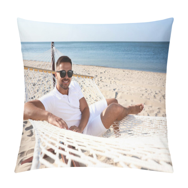 Personality  Young Man Relaxing In Hammock On Beach Pillow Covers