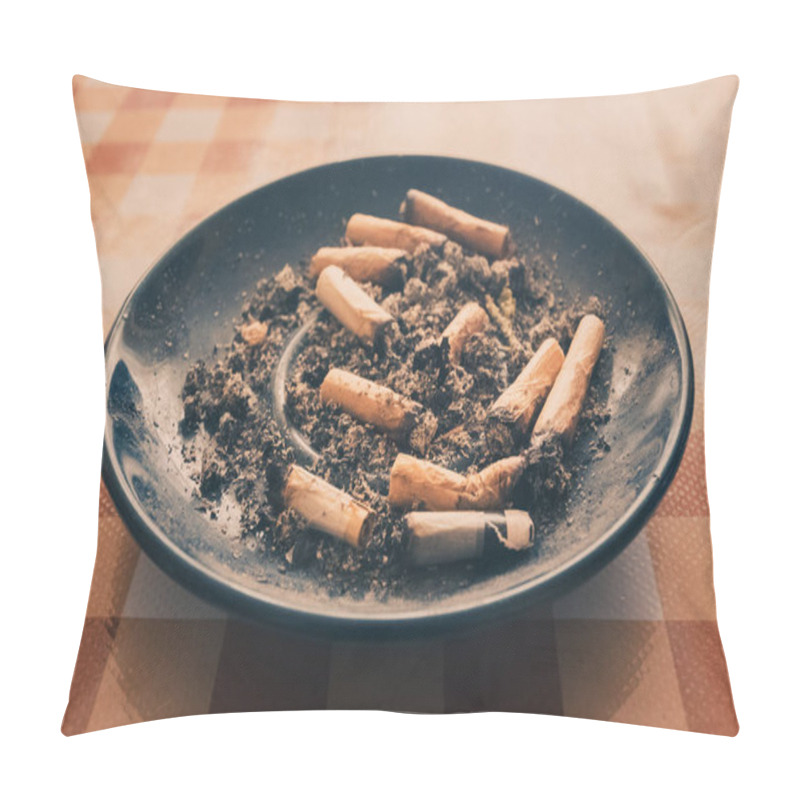 Personality  Dirty Blue Ashtray Full Of Cigarettes And Marijuana Butts On Orange Background Pillow Covers