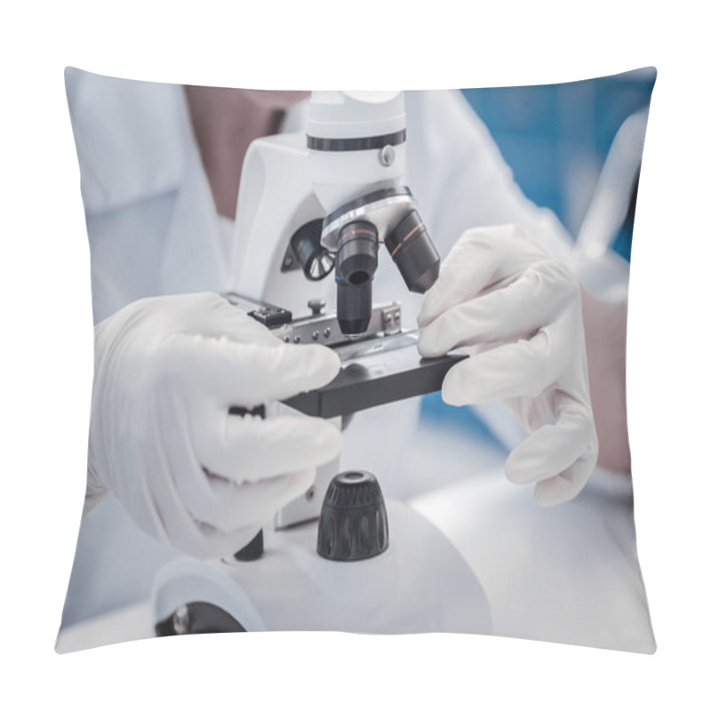 Personality  Close Up Of Researcher Placing Sample Under Microscope Pillow Covers