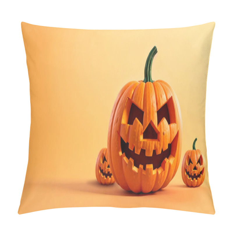 Personality  Halloween Banner Background With Copy Space. Group Of Three Jack O Lantern Pumpkins On Yellow Background Pillow Covers