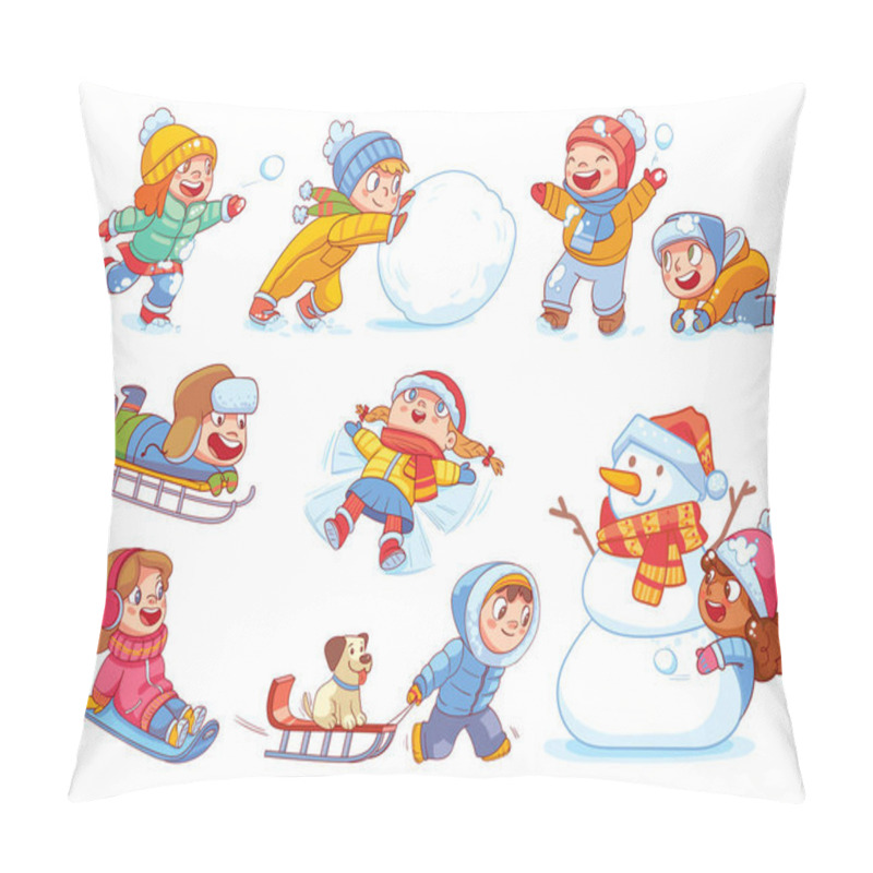 Personality  Children Playing Outside Snowballs And Sledding From A Snow Slide. Kids Playing In Winter Outdoors. Set Pillow Covers