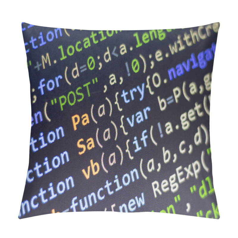 Personality  Web Development Javascript HTML5 Code. Abstract Information Technology Modern Background. Network Hacking. Lines Of Minificated JS Code. Screen Of Web Developer. Pillow Covers