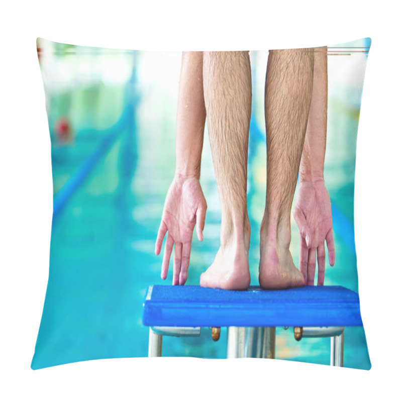 Personality  Start Swimming Race Concept With Male Swimmer In Swimming Pool Pillow Covers