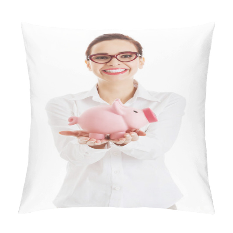 Personality  Beautiful Business Woman Holding Piggy-bank. Pillow Covers