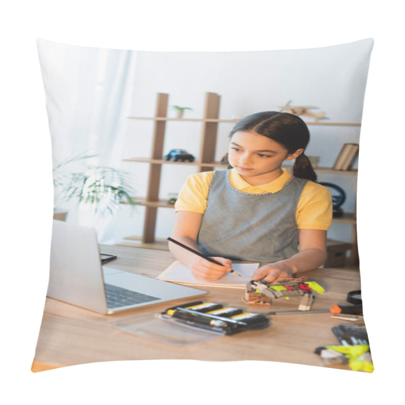 Personality  Preteen Girl Looking At Laptop And Writing In Notebook Near Details Of Robotics Model Pillow Covers