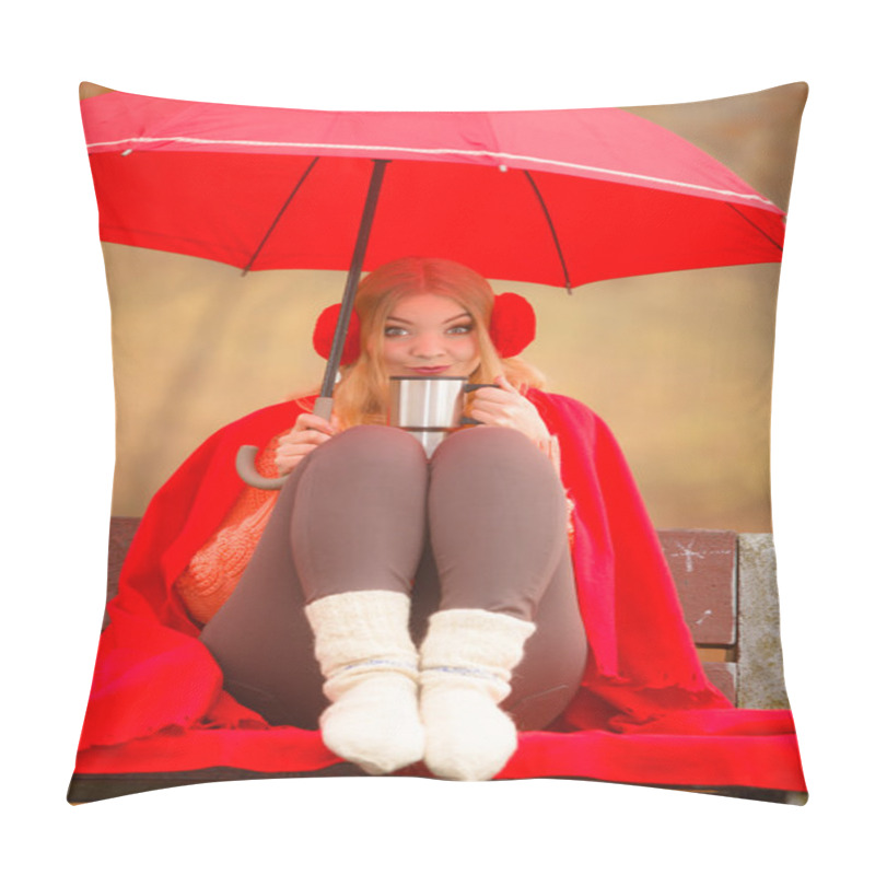 Personality  Girl In Autumn Park Enjoying Hot Drink Pillow Covers