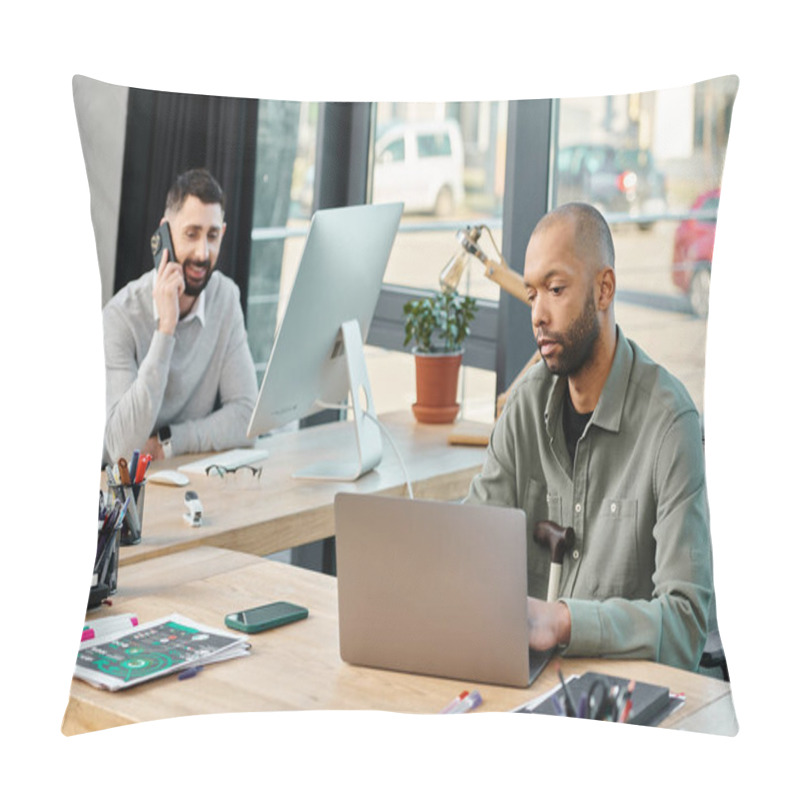 Personality  Two Business Professionals Sit At A Table In An Office Working On Their Laptops, Focused And Engaged In Their Project. Pillow Covers