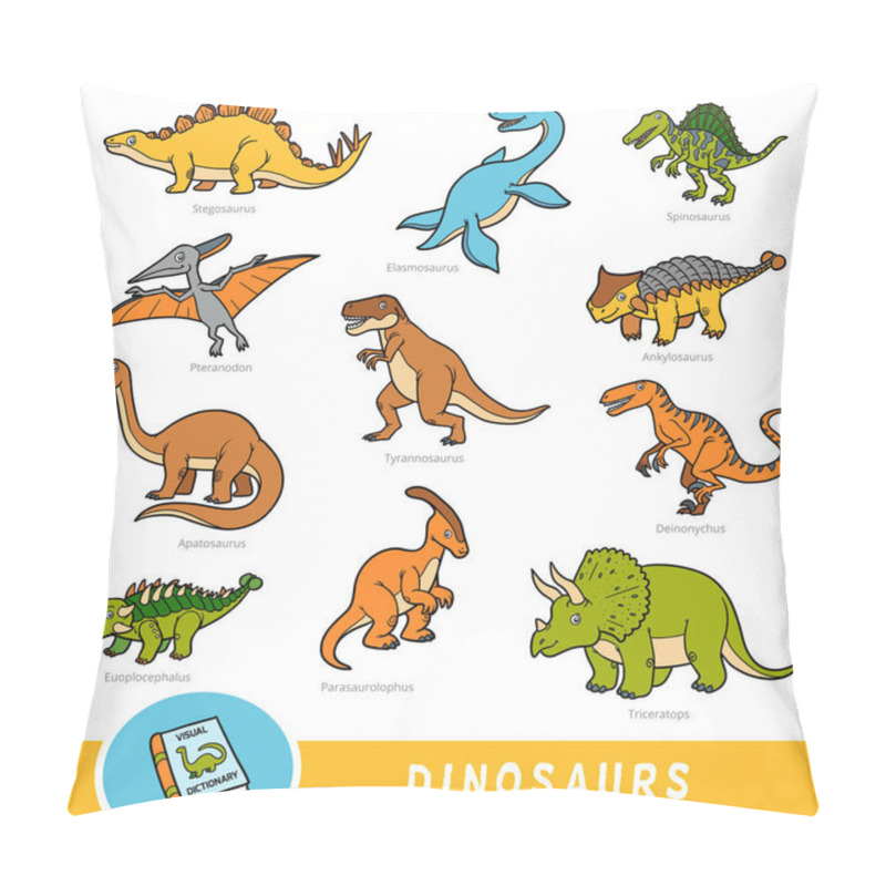 Personality  Set Of Dinosaurs, Collection Of Vector Animals With Names In English Pillow Covers