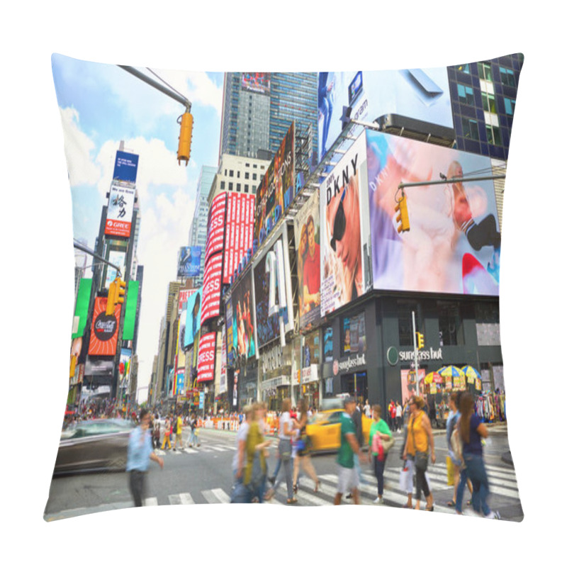 Personality  NEW YORK CITY, NY, USA - SEPTEMBER 15, 2018: Times Square Crowds And Traffic With Lots Of Animated LED Billboard Advertising Pillow Covers