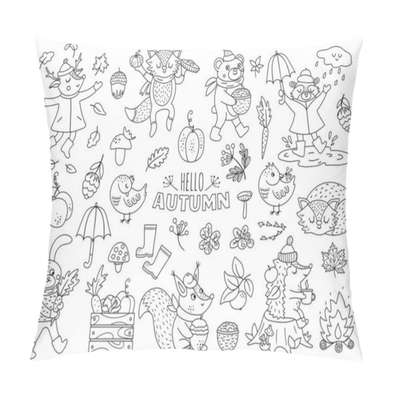 Personality  Black And White Vector Autumn Animals Set. Cute Outline Woodland Collection. Fall Season Icons Pack.  Funny Forest Line Illustration Or Coloring Page With Hedgehog, Fox, Bird, Deer, Rabbit, Bea Pillow Covers