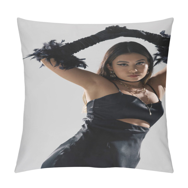 Personality  A Woman In A Black Satin Dress With Feather Gloves Poses Against A White Backdrop. Pillow Covers