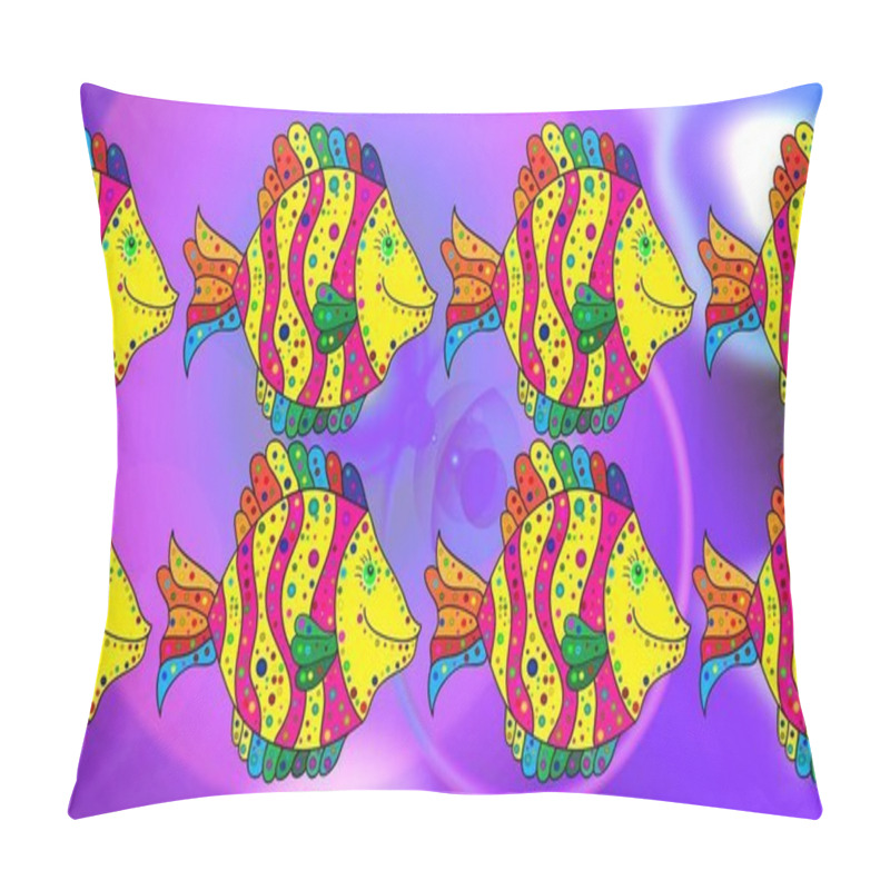 Personality  Colorful Summer Design. Underwater Raster Abstract Background, Tropical Sea Fish Sketch Pattern With Exotic Fish On Violet, Yellow And Magenta Colors. Pillow Covers