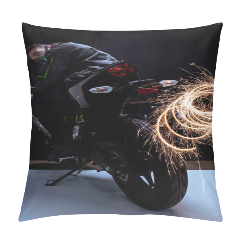 Personality  Selective Focus Of Dangerous Mixed Race Cyberpunk Player In Mask Riding Motorcycle Near Sparks On Black And White  Pillow Covers