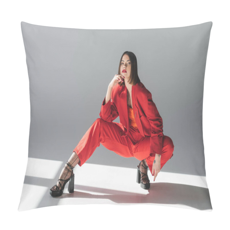 Personality  Full Length, Lady In Red, Young Brunette Woman With Short Hair Posing In Suit On Grey Background, Generation Z, Trendy Outfit, Fashionable Model, Professional Attire, Executive Style, Heeled Shoes Pillow Covers