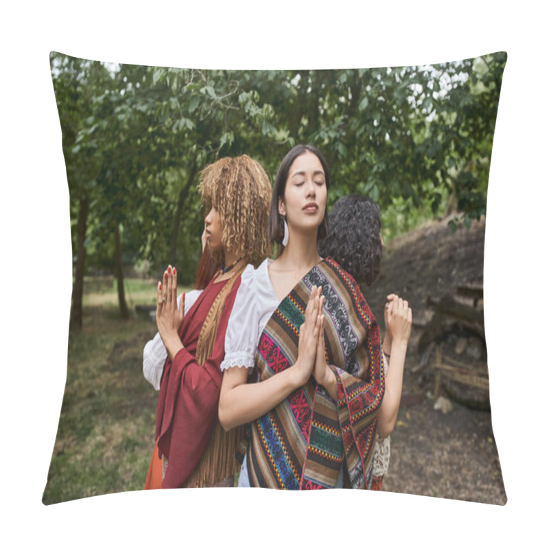 Personality  Young Interracial Women Doing Praying Hands Gesture While Standing In Outdoor Retreat Center Pillow Covers