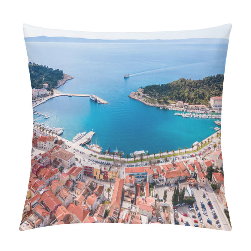 Personality  Aerial View Of Makarska City Center With Its Vibrant Waterfront, Yachts, Traditional Architecture, And The Stunning Adriatic Sea Coastline Pillow Covers