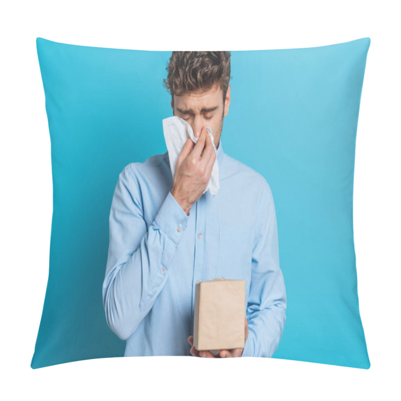 Personality  Diseased Young Man Sneezing In Paper Napkin On Blue Background Pillow Covers