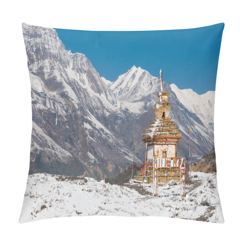 Personality  White Bhuddist Stupa In Snow In Himalayas Pillow Covers