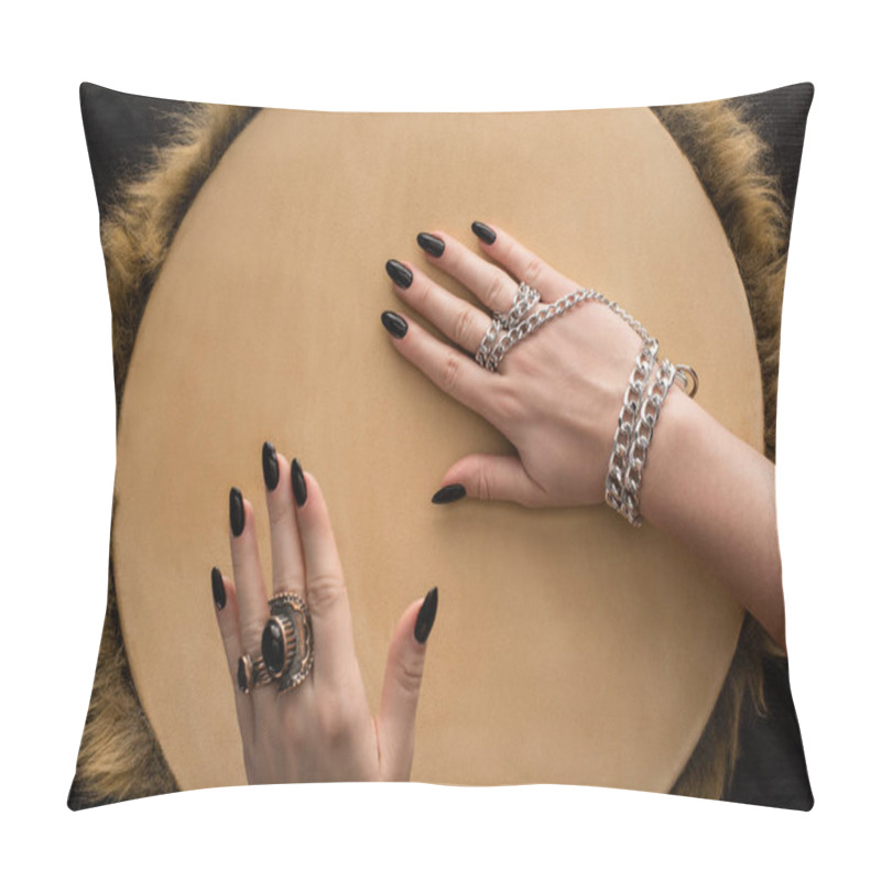 Personality  Top View Of Shaman With Jewelry Rings And Chain On Hands Playing On Tambourine Isolated On Black Pillow Covers