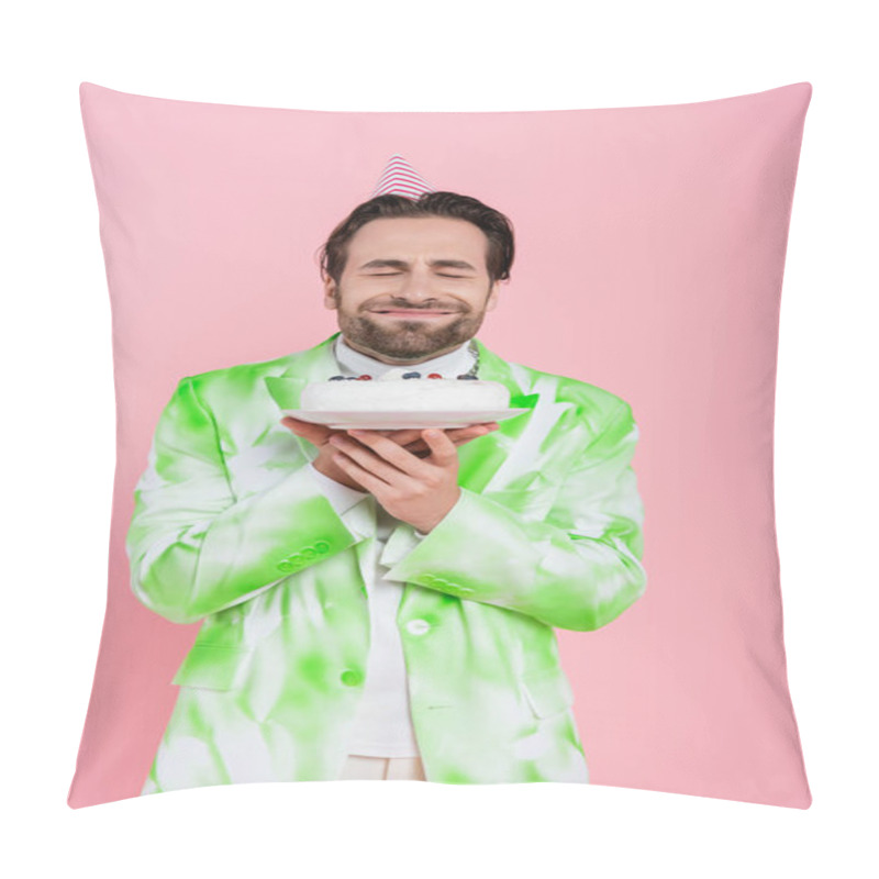 Personality  Smiling Man In Party Cap Closing Eyes While Holding Birthday Cake Isolated On Pink  Pillow Covers