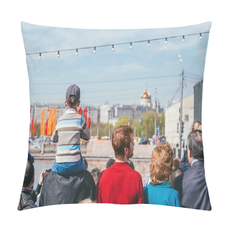 Personality  MOSCOW, RUSSIA-MAY 09, 2015: People Celebrate Victory Day May 9 In Bolshoy Moskvoretskiy Most. A Child Sits On The Fathers Neck. A Lot Of People With The Ribbons Of Saint George Pillow Covers