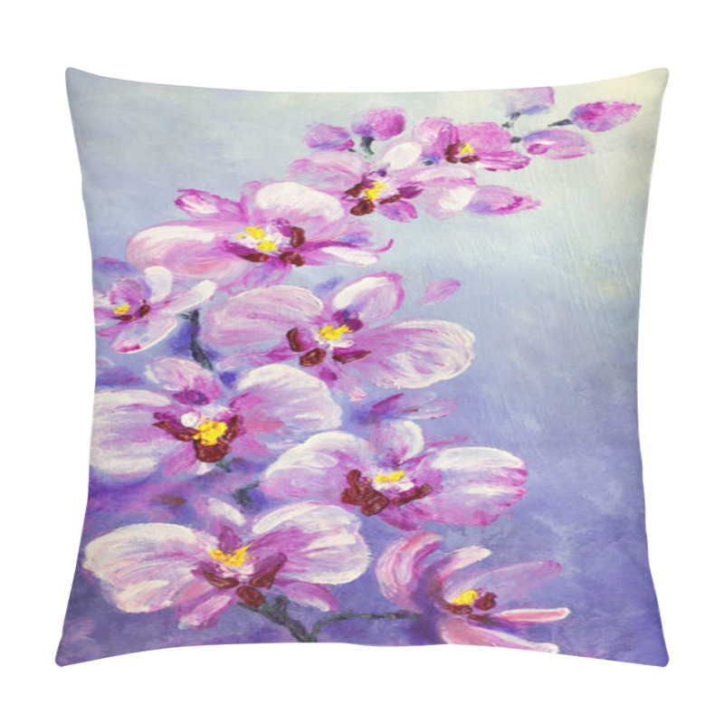 Personality  Elegant Gouache Brushstrokes Summer Design. Bright Rose Romantic Hand Drawn Acrylic Etude On Light Blue Paper Sketchy In Retro Spot Style. Delicate Big Vibrant Lilac Color Paint Aloha Orchidea Bush Pillow Covers