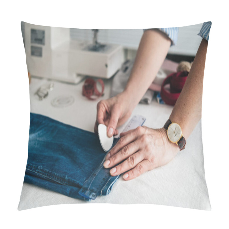 Personality  Seamstress Marking Hem On A Pair Of Jeans In Tailor Shop Pillow Covers