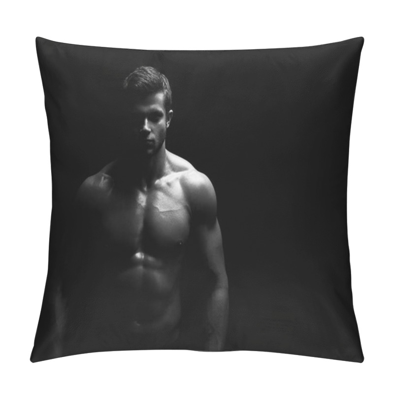 Personality  Young Muscular Fit Sportsman Posing Shirtless On Black Backgroun Pillow Covers