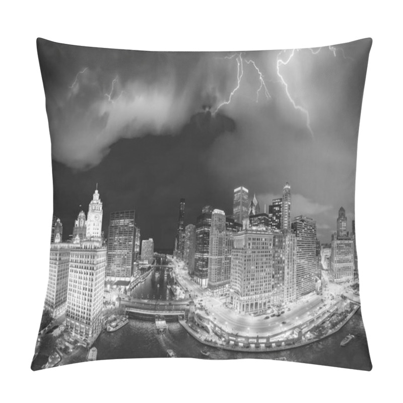 Personality  Panoramic Aerial View Of Chicago Skyline Along Chicago River On A Stormy Night. Pillow Covers