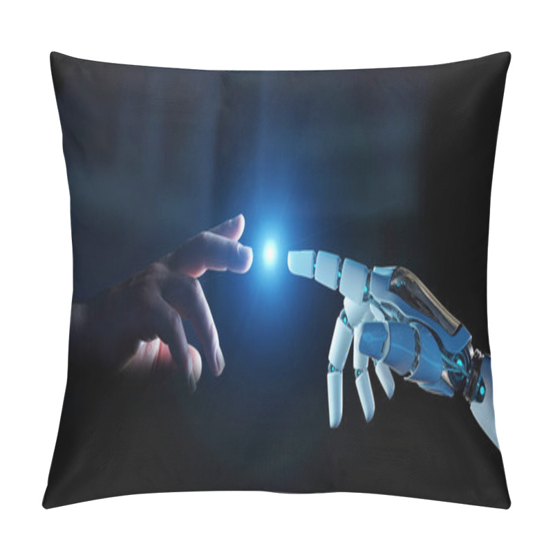 Personality  White Cyborg Finger About To Touch Human Finger On Dark Background 3D Rendering Pillow Covers