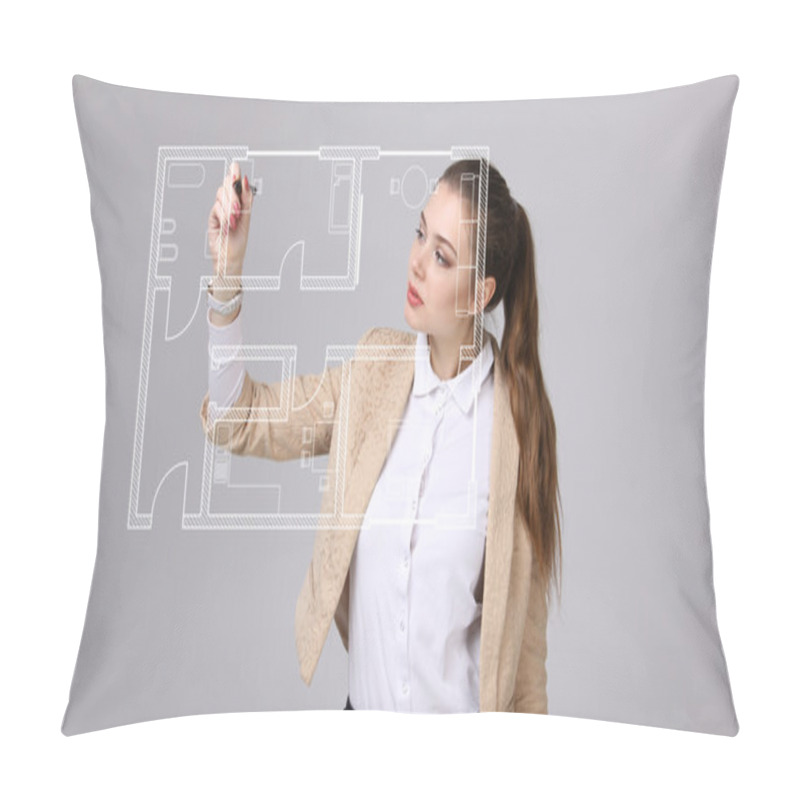 Personality  Female Architect Working With A Virtual Apartment Plan Pillow Covers