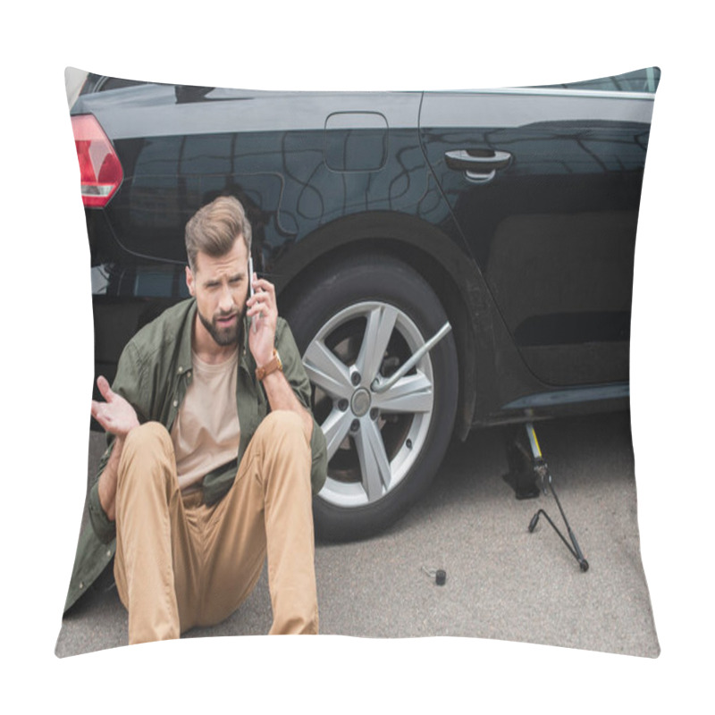 Personality  Man Talking On Smartphone Near Car With Wheel Wrench And Lift Jack  Pillow Covers