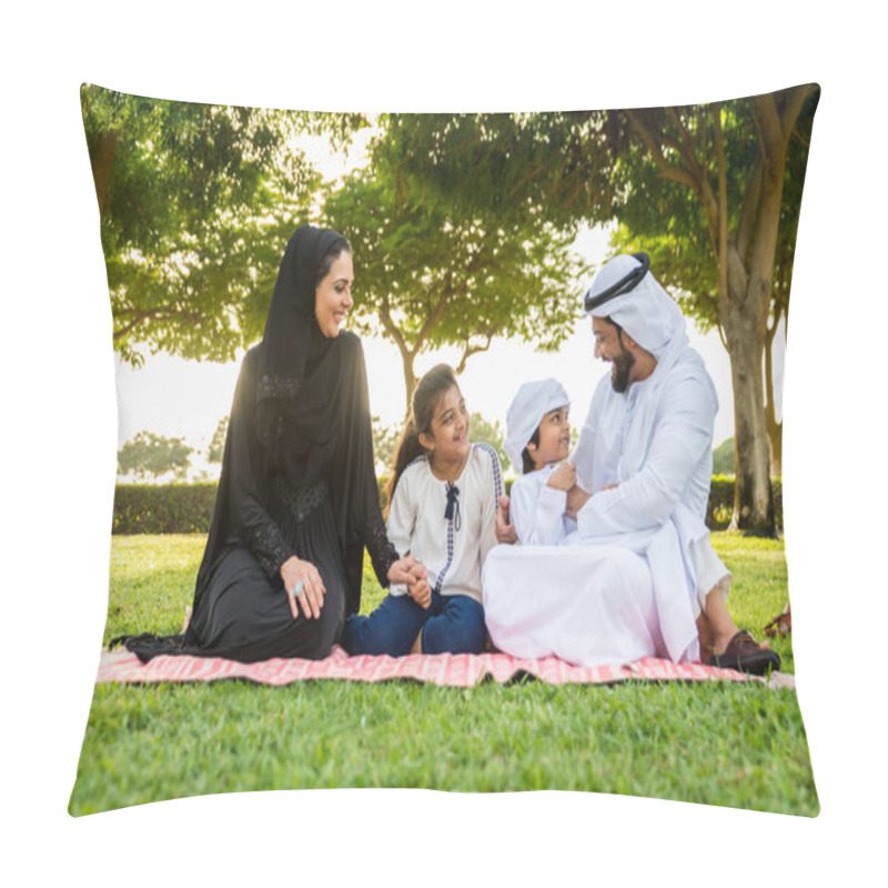 Personality  Happy Middle-eastern Family Having Fun In A Park In Dubai - Parents And Kids Celebrating The Weekend In The Nature Pillow Covers